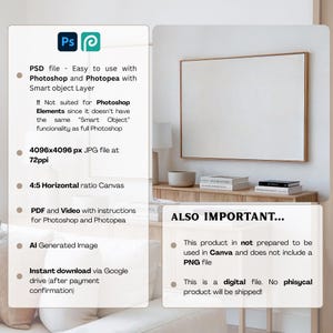 May include: A digital product mockup featuring a white canvas with a wooden frame, displayed on a wooden cabinet. The image includes text about the product's compatibility with Photoshop and Photopea, file size, and format. It is an AI-generated image.