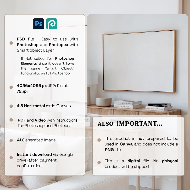 May include: A digital product mockup featuring a white canvas with a wooden frame, displayed on a wooden cabinet. The image includes text about the product's compatibility with Photoshop and Photopea, file size, and format. It is an AI-generated image.