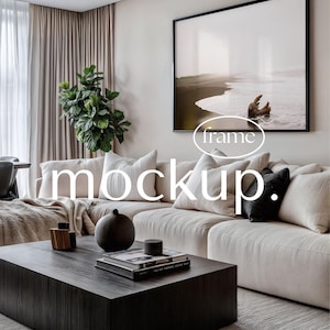 Frame Mockup: 4x5 Black Horizontal frame above couch, Living room interior mock up, PSD smart object Photoshop