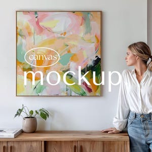 Canvas Mockup Fyrkantig Flytande Ram Minimalistisk Rum Kvinna PSD-mall