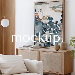 Framed Canvas Mockup: Vertical Floating Frame for Contemporary Wall Art, DIN A Large Canvas in living room, PSD smart object, Photoshop