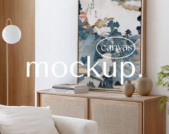 Canvas Mockup: Vertical Floating Frame for Wall Art, DIN A0 A1 A2 A3 A4 Large Painting in living room interior, PSD smart object, Photoshop