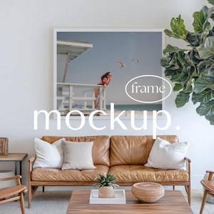 Landscape Frame Mockup, White frame in living room with couch and plant, Photoshop template, Digital Download