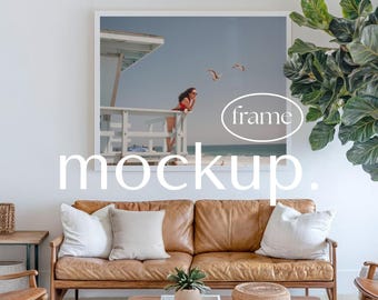 Frame Mockup above sofa, White Horizontal frame mock up in living room, Photoshop PSD smart object, Digital Download