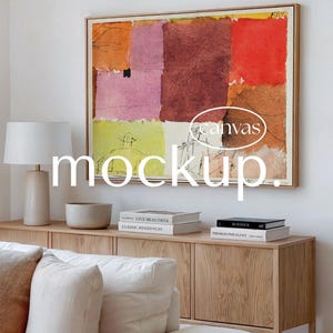 Horisontell canvasmodell, 4:5 inramad canvasmodell i vardagsrum, stor flytande ram för väggkonstvisning, Photoshop PSD smart objekt