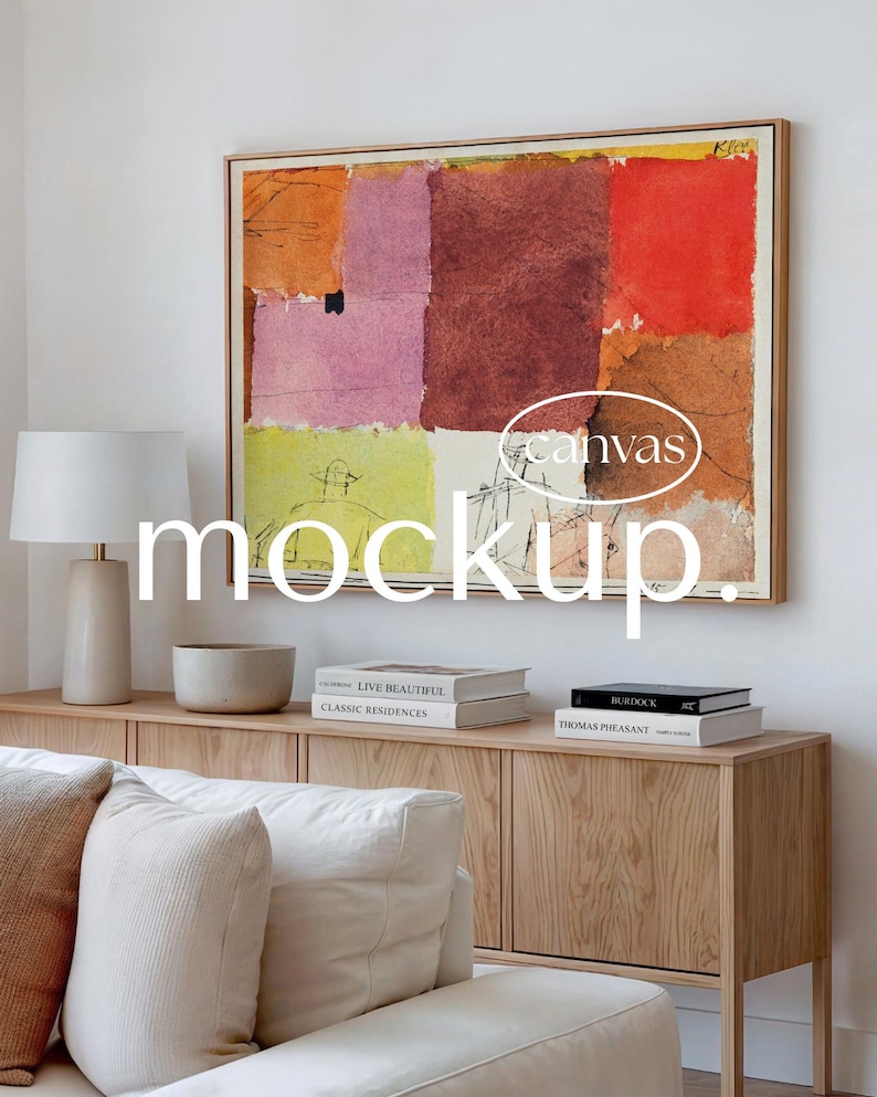 Horizontal Framed Canvas Mockup in Living room interior.
Elevate your designs with this modern and unique Canvas Mock up, perfect tool to bring your artwork to life! Whether you're a graphic designer, artist or photographer, this mockup offers an effortless way to present your work in a professional and visually appealing manner.