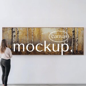 Panoramic Canvas Mockup, 3:1 Framed Canvas for Wall Art display, Floating canvas with person, PSD smart object, Photoshop template
