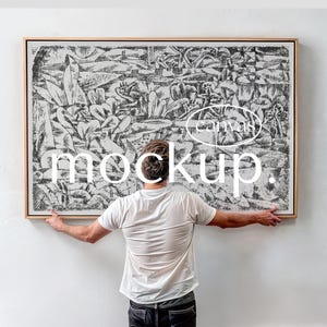 Maquette de toile horizontale, personne tenant une toile flottante, maquette de peinture de paysage minimaliste, objet intelligent PSD, modèle Photoshop