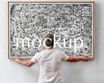 Canvas Mockup 3x2 Horizontal Frame Man Hanging White Wall Minimal Scene