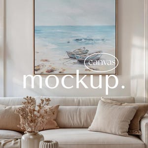 Gerahmtes Leinwand Mockup: Quadratischer schwebender Rahmen im luxuriösen Wohnzimmer, 1x1 Rahmen Leinwand für die Wandkunst, Photoshop PSD Smartobjekt