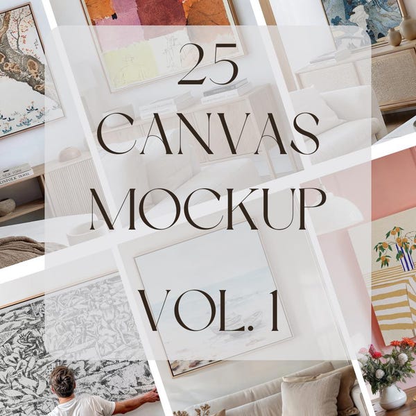 Paquete de maquetas de lienzos, 25 lienzos para decoración de pared, maqueta de marco flotante, lienzo horizontal con bastidor, plantilla de Photoshop, archivos digitales