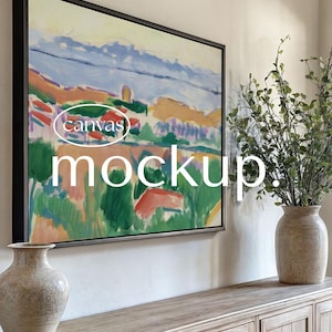 Horizontal Framed Canvas Mockup, Black 4x5 Frame in Rustic interior, Angled wall canvas mock up, Photoshop PSD smart object