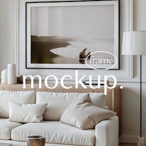 Mockup di cornice: cornice orizzontale nera 3x2 (PSD e JPG), elegante mockup di scena d'interni