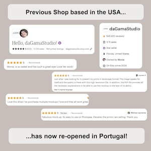 May include: Image of a shop's announcement with text and customer reviews. The shop, daGamaStudio, is now re-opened in Portugal. Reviews highlight the quality of the mockups and the shop's customer service. The shop is a star seller on Etsy.