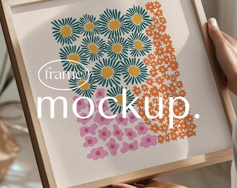 Frame mockup: Person holding square frame in living room, Close up mock up, PSD smart object Photoshop