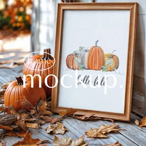 Halloween Frame Mockup with pumpkins, DIN A Wooden frame for Wall Art display, PSD smart object, Photoshop mock up