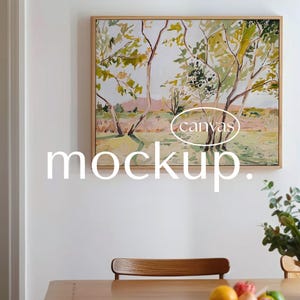 Horizontal Canvas Mockup, 4:5 Framed Canvas for Wall Art display, Landscape Floating frame in minimal interior, Photoshop PSD smart object