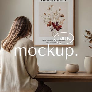 Oak Frame Mockup, 4:5 ratio Frame in office with desk, Wall Art mock up with person, PSD smart object, Photoshop template, Print display