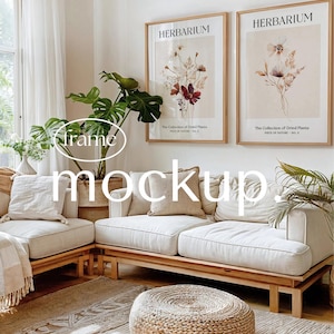 Mockup met 2 frames, twee frames A0 A1 A2 A3 A4 Wall Art-display, woonkamerinterieur mock-up, Photoshop Photopea-sjabloon, slim PSD-object