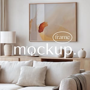 Maqueta de marco horizontal: marco de 4x5 en la sala de estar, plantilla de Photoshop, maqueta de arte mural, maqueta de impresión de póster con marco de madera, objeto inteligente PSD