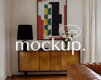 Black Frame Mockup in chic Living room interior, Photoshop PSD smart object