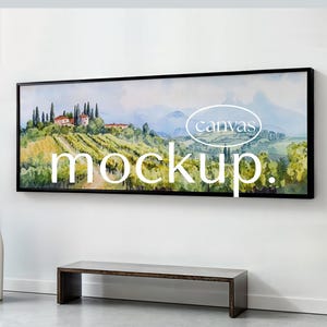 Panoramic Canvas Mockup, 3:1 Large Floating Frame, Horizontal Framed canvas for wall art, Photoshop template, PSD smart object