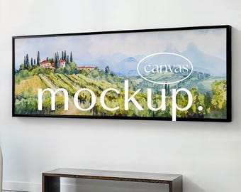 Panoramic Canvas Mockup, 3:1 Large Floating Frame, Horizontal Framed canvas for wall art, Photoshop template, PSD smart object