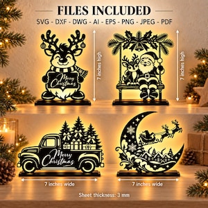 May include: Four black laser-cut Christmas decorations on stands, each 7 inches high or wide. Designs include a reindeer with a Merry Christmas sign, Santa and a reindeer on a swing, a truck carrying trees, and a crescent moon with Santa's sleigh.