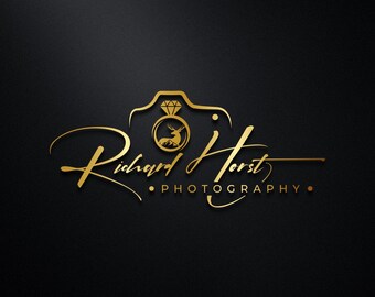 May include: Gold logo design for "Richard Horst Photography" on a black background. The logo features a stylized camera shape with a diamond and a deer inside a ring. The name is written in elegant script.