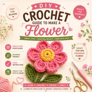 Op de afbeelding: Een DIY haakgids voor het maken van een bloem met een roze en gele gehaakte bloem en groene bladeren. De omslag bevat de tekst: DIY CROCHET GUIDE TO MAKE A FLOWER, EASY FUN RELAXING, PERFECT FOR BEGINNERS, LEARN CROCHET CREATE SMILE.