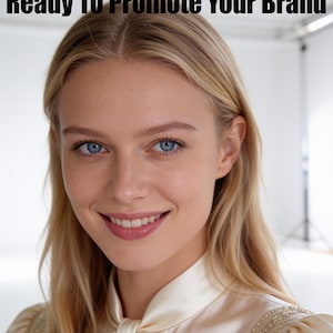 Peut inclure: Une personne aux cheveux blonds et aux yeux bleus portant un chemisier en satin crème avec un nœud au col et des épaules brodées. Le texte en haut de l'image indique : Your AI Influencer—Ready To Promote Your Brand.