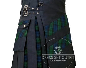 Black Cotton Black Watch Tartan Scottish Hybrid Utility Kilt For Men - Cargo Pockets Kilt - Premium Handmade Custom Made Kilt - 70+ Tartans