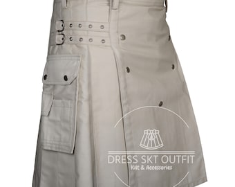 Scottish Handmade Khaki Cotton Utility Kilt For Men - 2 Side Cargo Pockets Kilt - 100% Cotton kilt - Brass Accessories - Made To Order