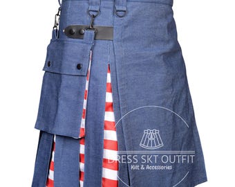 Premium Handmade Blue Denim Hybrid Kilt For Men - Scottish Utility Style Kilt - Custom Size