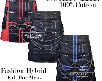 Scottish Handmade Black & Red Gothic Hybrid Utility Kilt for Men – 100% Cotton Cargo Pocket Kilt with Chains - Custom Made Fashion Kilt