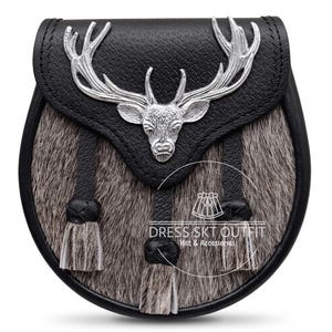 Premium Handmade Black Leather Sporran - Grey Bovine Fur Stag Head Semi Dress Scottish Kilt Sporran with Chain Strap