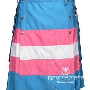 Handgemaakte utility kilt met transgender pride-vlag voor mannen – Premium katoenen utility kilt met transgender pride-vlagontwerp - Verstelbare pasvorm - Op bestelling gemaakt