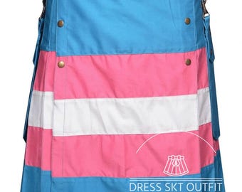 Kilt utilitário artesanal para homens com estampa da bandeira do orgulho transgênero – Kilt utilitário de algodão premium com design da bandeira do orgulho transgênero – Ajuste regulável – Feito sob encomenda