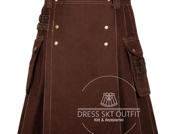 Kilt cargo tattico scozzese da uomo, in cotone marrone, realizzato a mano di alta qualità - 100% cotone - Accessori in ottone - Realizzato su ordinazione