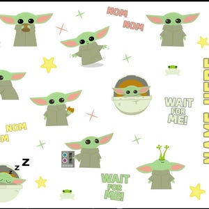 May include: A white sheet featuring multiple illustrations of a green creature with large ears in a tan robe, including scenes of eating, sleeping, and sitting in a pod. The text reads NOM NOM, WAIT FOR ME, and NAME HERE in yellow and green.