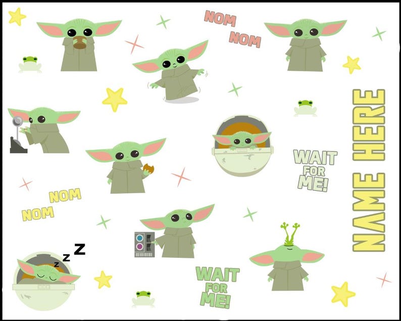 May include: A white sheet featuring multiple illustrations of a green creature with large ears in a tan robe, including scenes of eating, sleeping, and sitting in a pod. The text reads NOM NOM, WAIT FOR ME, and NAME HERE in yellow and green.