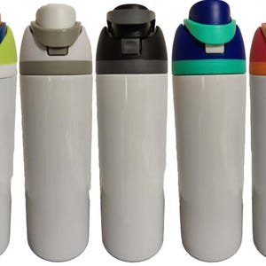 May include: Five white water bottles with colorful lids and flip-top caps. Each bottle features a distinct color combination on the lid, including orange, blue, lime green, white, gray, black, teal, dark blue, red, and orange accents.