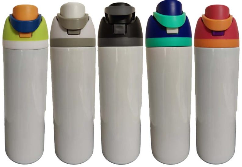 May include: Five white water bottles with colorful lids and flip-top caps. Each bottle features a distinct color combination on the lid, including orange, blue, lime green, white, gray, black, teal, dark blue, red, and orange accents.