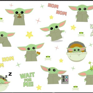 May include: A sticker sheet featuring multiple illustrations of a small green creature with large ears and eyes, wearing a tan robe. The design includes small frogs, yellow stars, and text that reads NOM NOM and WAIT FOR ME in various colors.