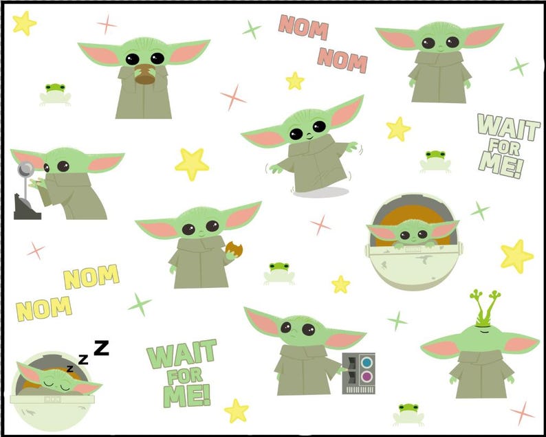 May include: A sticker sheet featuring multiple illustrations of a small green creature with large ears and eyes, wearing a tan robe. The design includes small frogs, yellow stars, and text that reads NOM NOM and WAIT FOR ME in various colors.