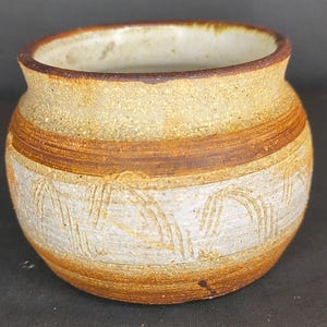 Hand Thrown Studio Pottery Pot with Incised Decorations of a Wave  Signed and Dated