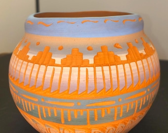 Navajo Etched Redware Pottery Pot with Pastel Blue Color and Geometric Design