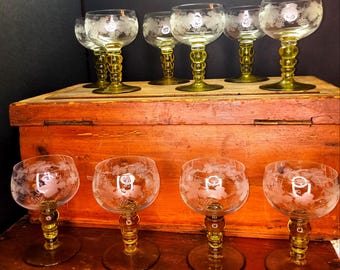 Set of 9 Fritz Heckert Etched Grapevine Wine Goblets Ribbed Stem