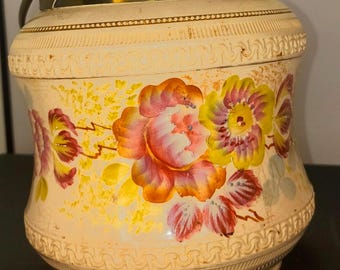 Hand - Painted English Ceramic Biscuit Jar with Brass Lid