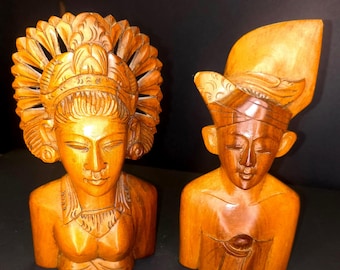 Pair of Vintage Balinese Carved Wooden Busts Depicting a Male and Female Figures